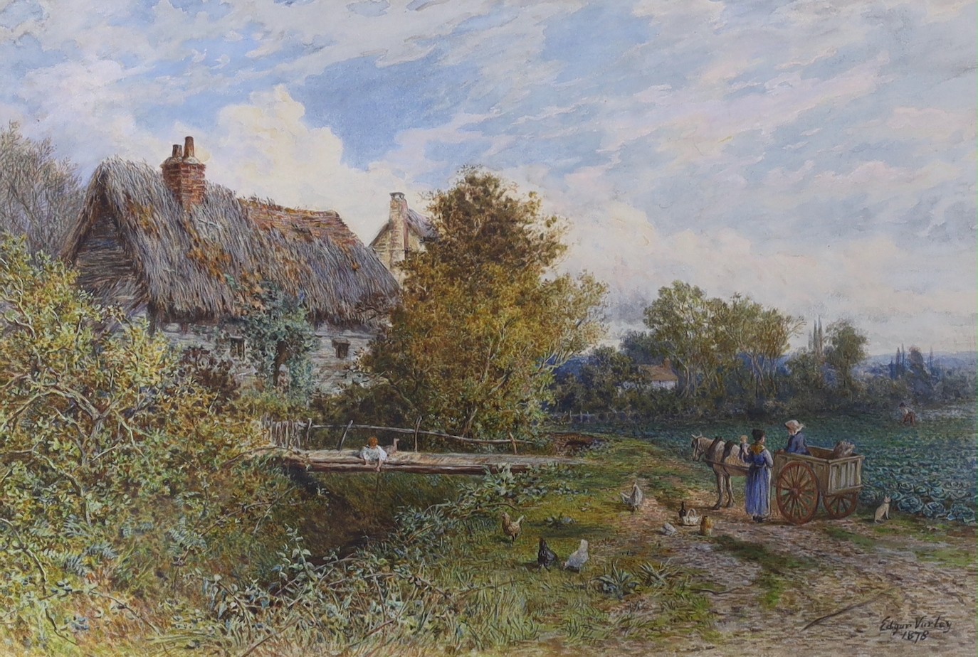 Edgar John Varley (1839-1888), watercolour, Figures and chickens beside a thatched cottage, signed and dated 1878, 18 x 27cm